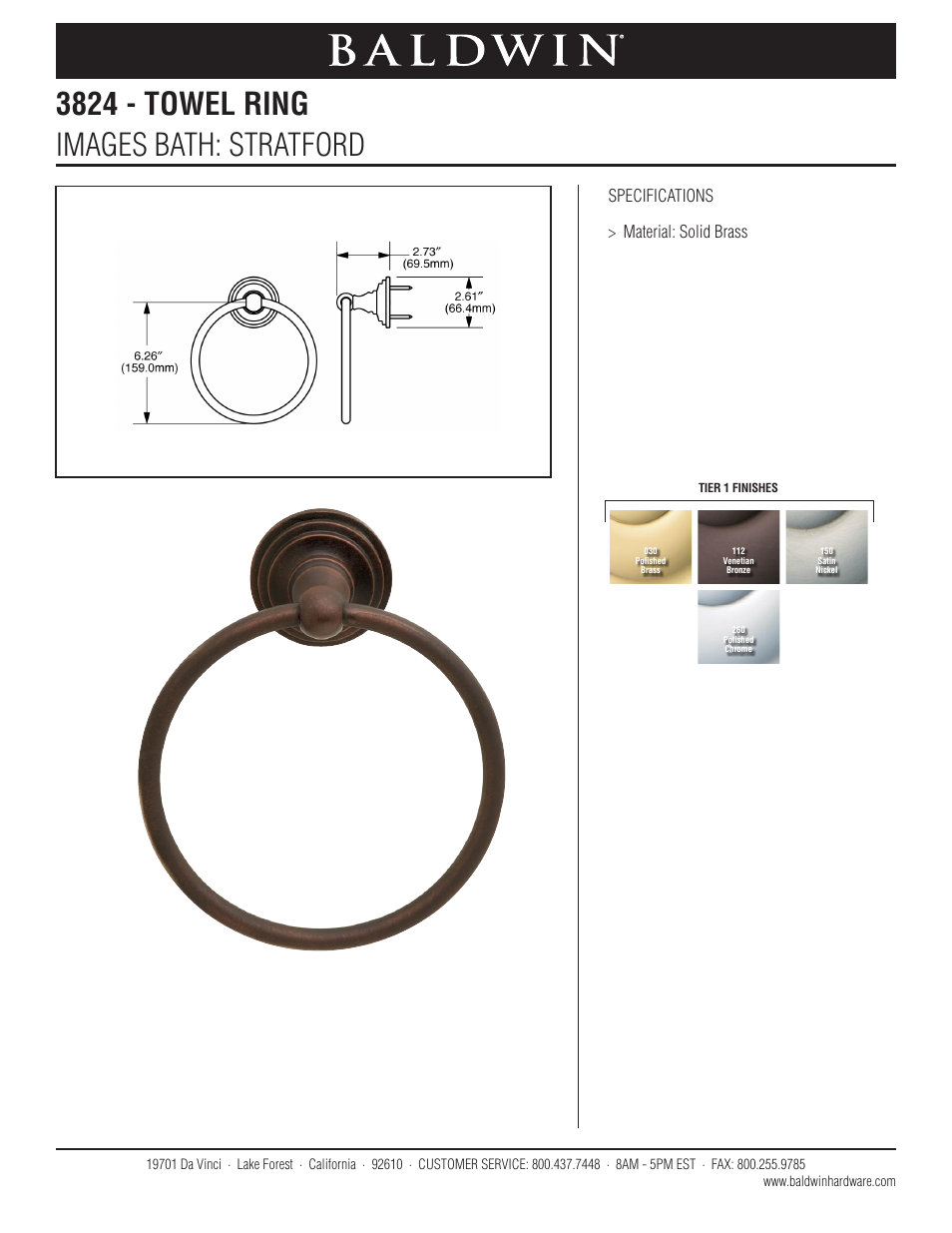 Baldwin Stratford Towel Ring User Manual | 1 page