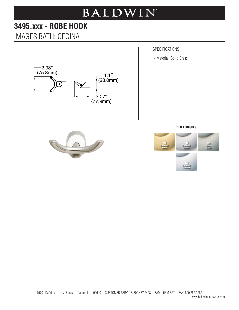 Baldwin Cecina Robe Hook User Manual | 1 page