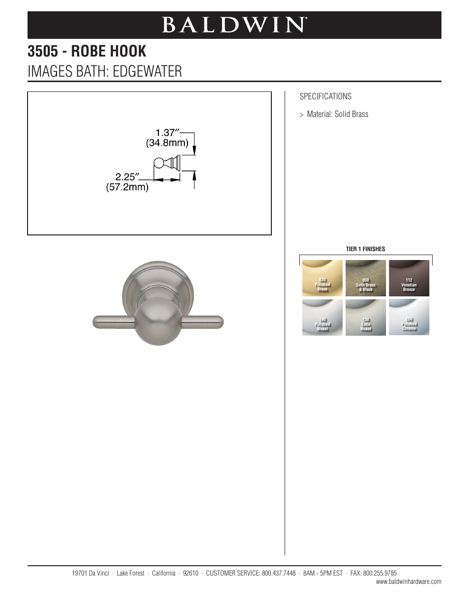 Baldwin Edgewater Robe Hook User Manual | 1 page