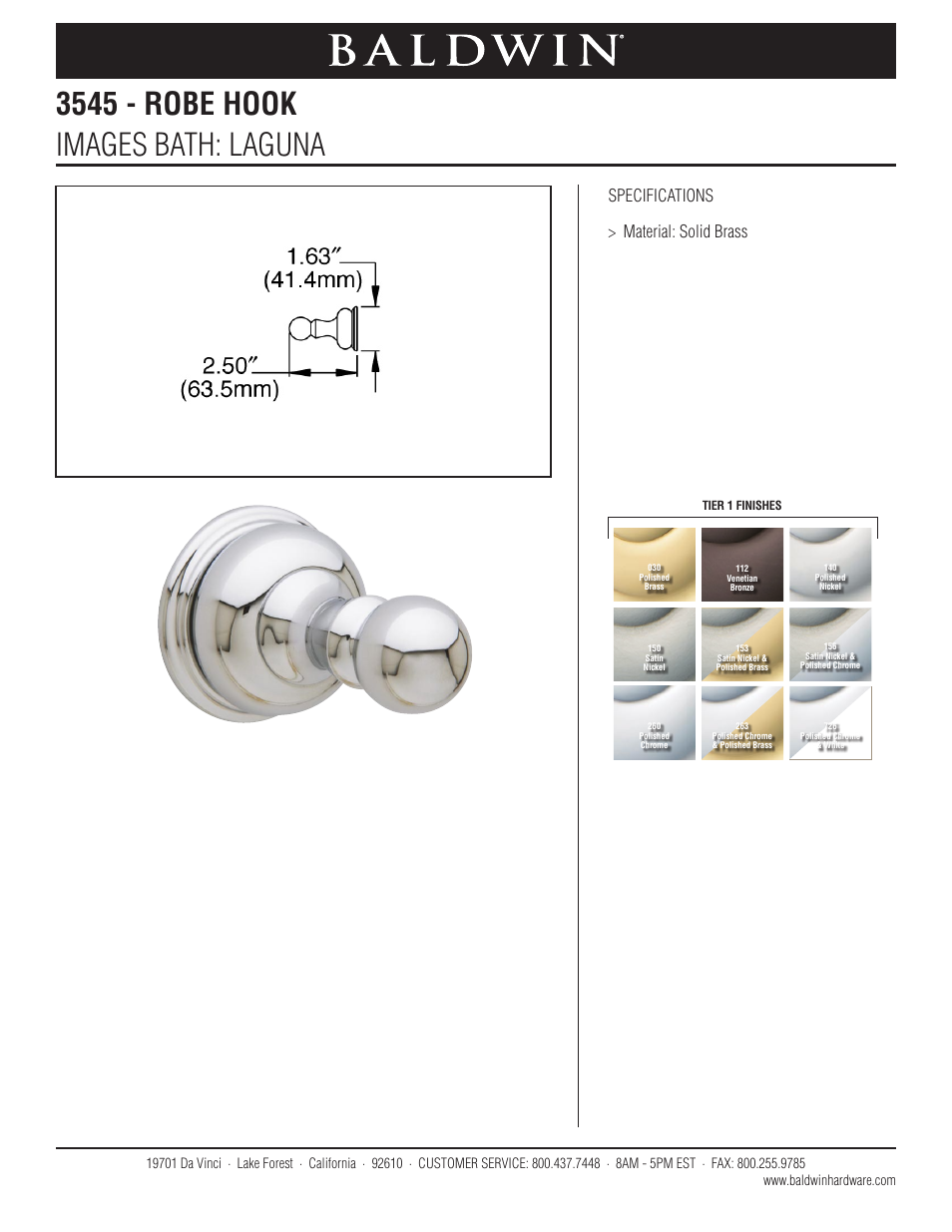 Baldwin Laguna Robe Hook User Manual | 1 page