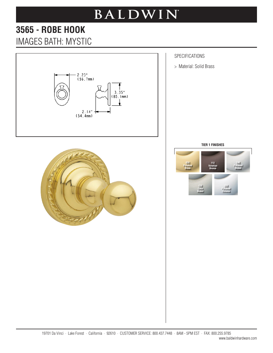 Baldwin Mystic Robe Hook User Manual | 1 page