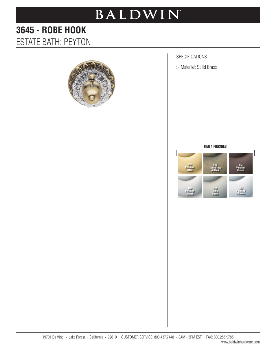 Baldwin Peyton Robe Hook User Manual | 1 page