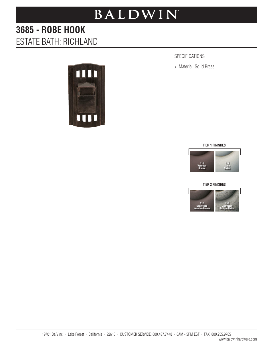 Baldwin Richland Robe Hook User Manual | 1 page