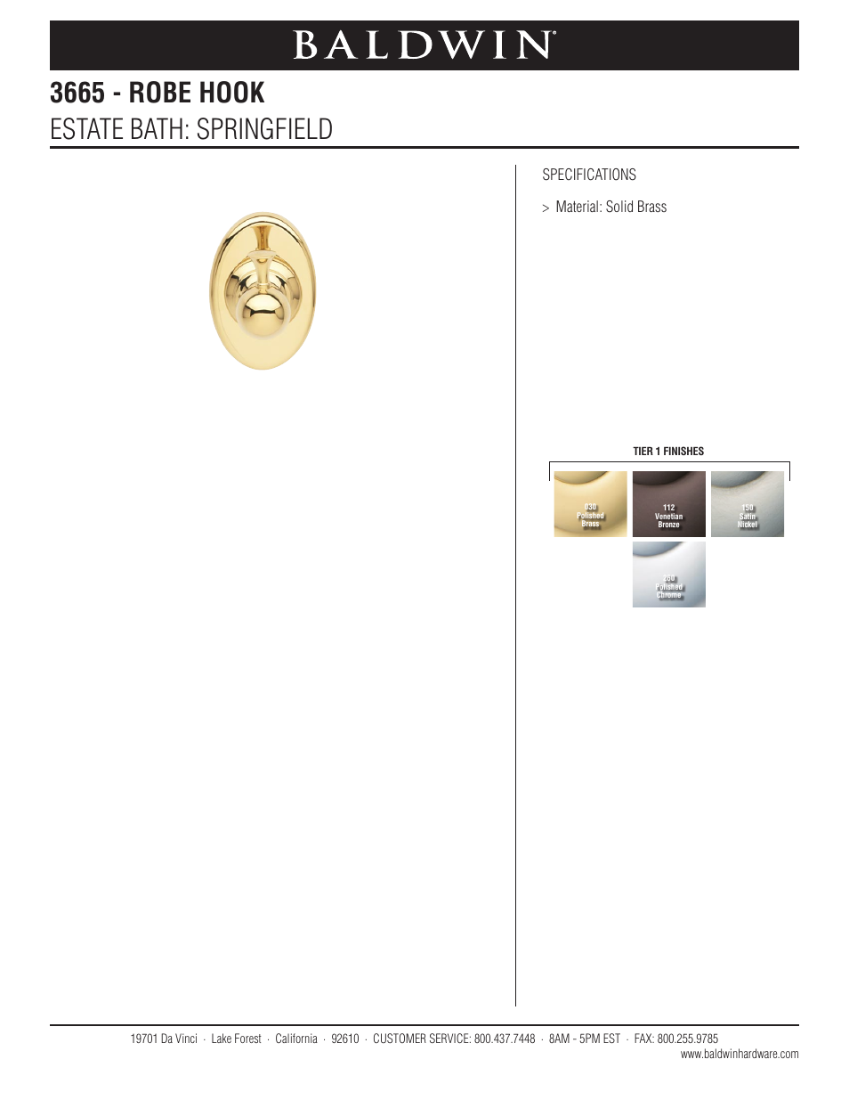 Baldwin Springfield Robe Hook User Manual | 1 page