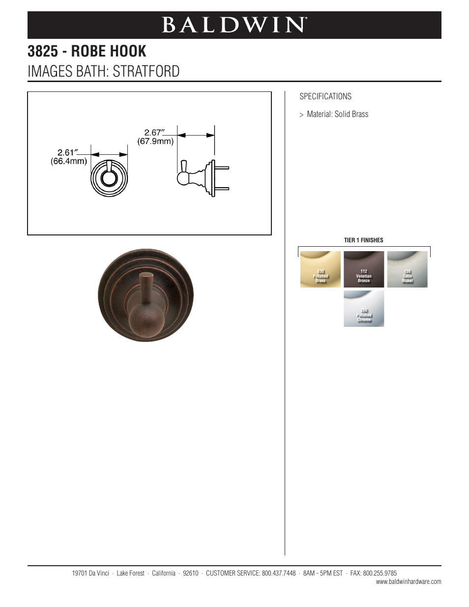 Baldwin Stratford Robe Hook User Manual | 1 page