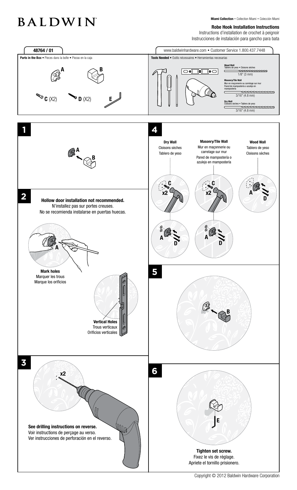 Baldwin Miami Robe Hook User Manual | 2 pages