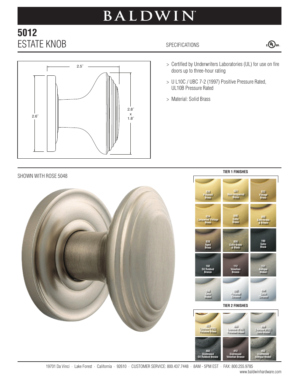 Baldwin 5012 Estate Knob User Manual | 1 page