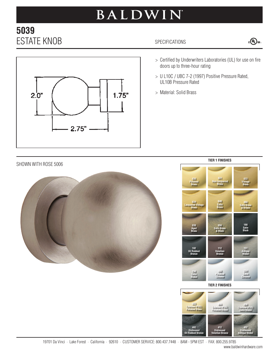 Baldwin 5039 Estate Knob User Manual | 1 page