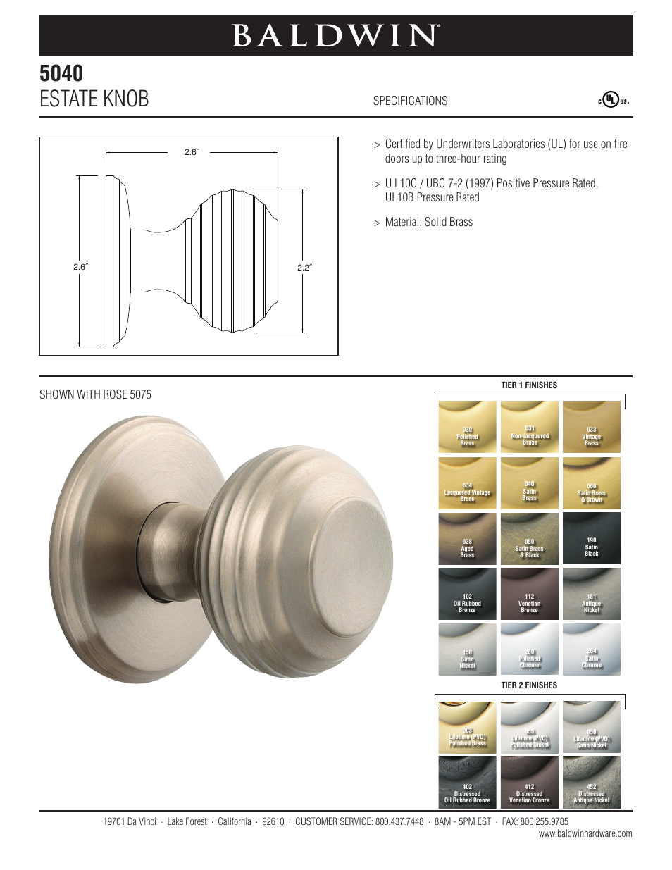 Baldwin 5040 Estate Knob User Manual | 1 page