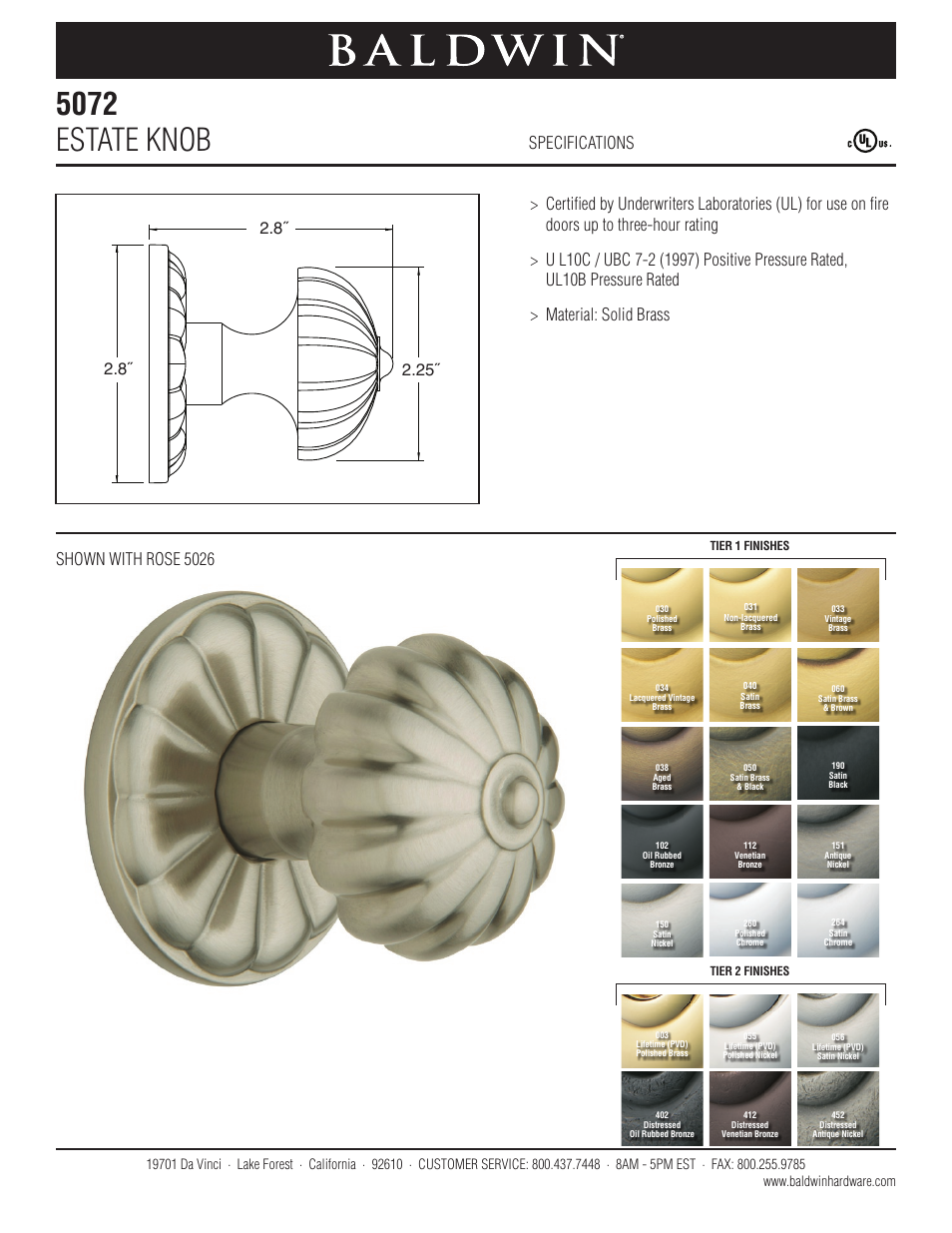 Baldwin 5072 Estate Knob User Manual | 1 page