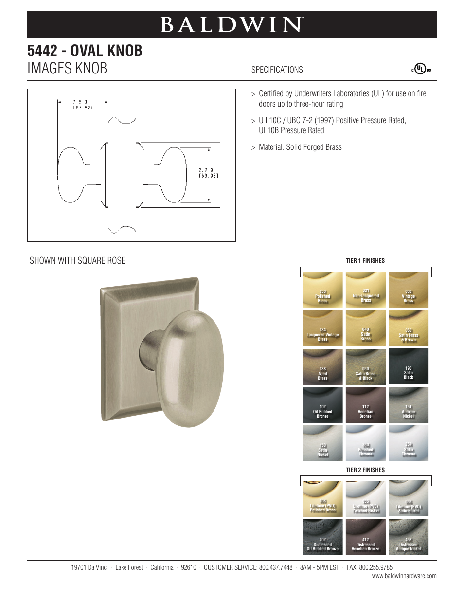 Baldwin 5442 Oval Knob User Manual | 1 page