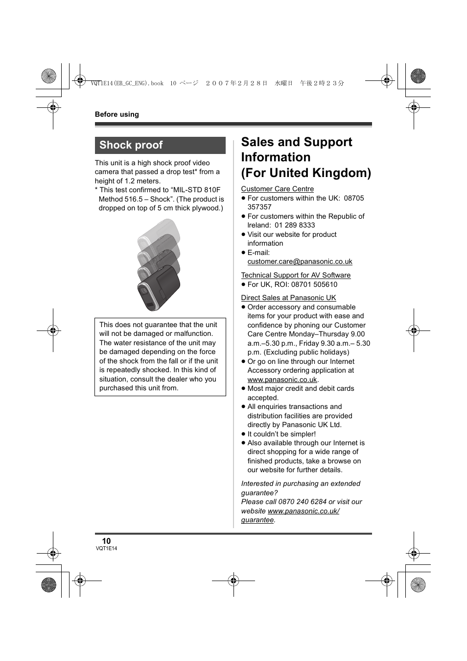 Sales and support information (for united kingdom), Shock proof | Panasonic SDR-S10 User Manual | Page 10 / 120
