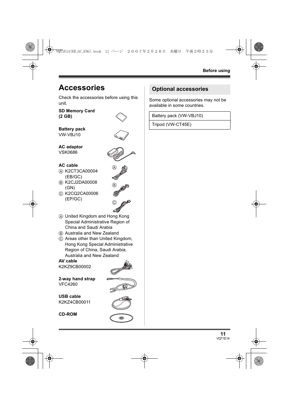 Accessories, Optional accessories | Panasonic SDR-S10 User Manual | Page 11 / 120