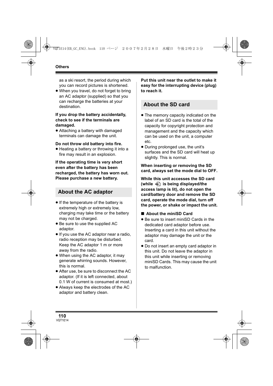 About the ac adaptor about the sd card | Panasonic SDR-S10 User Manual | Page 110 / 120