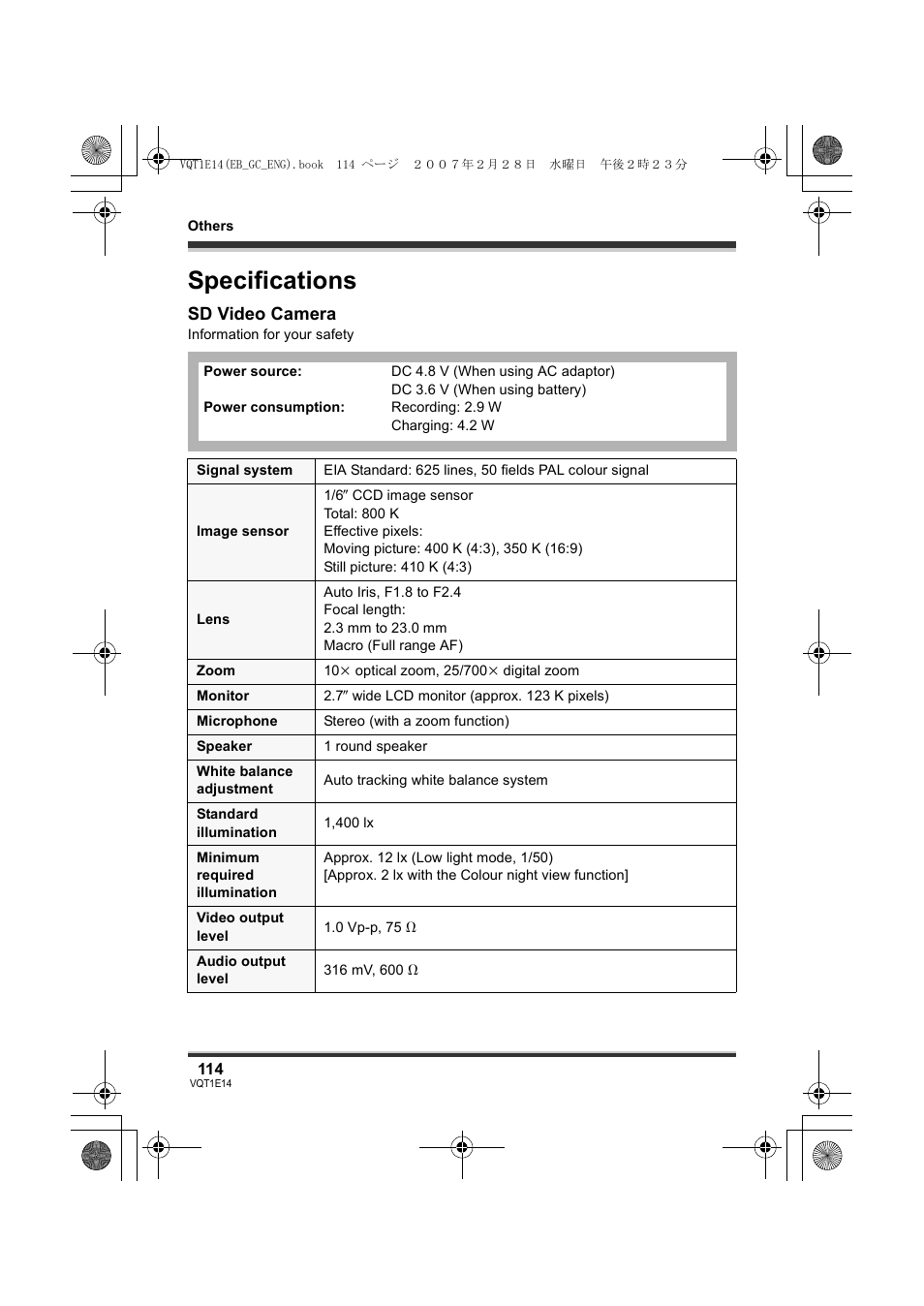 Specifications, Sd video camera | Panasonic SDR-S10 User Manual | Page 114 / 120