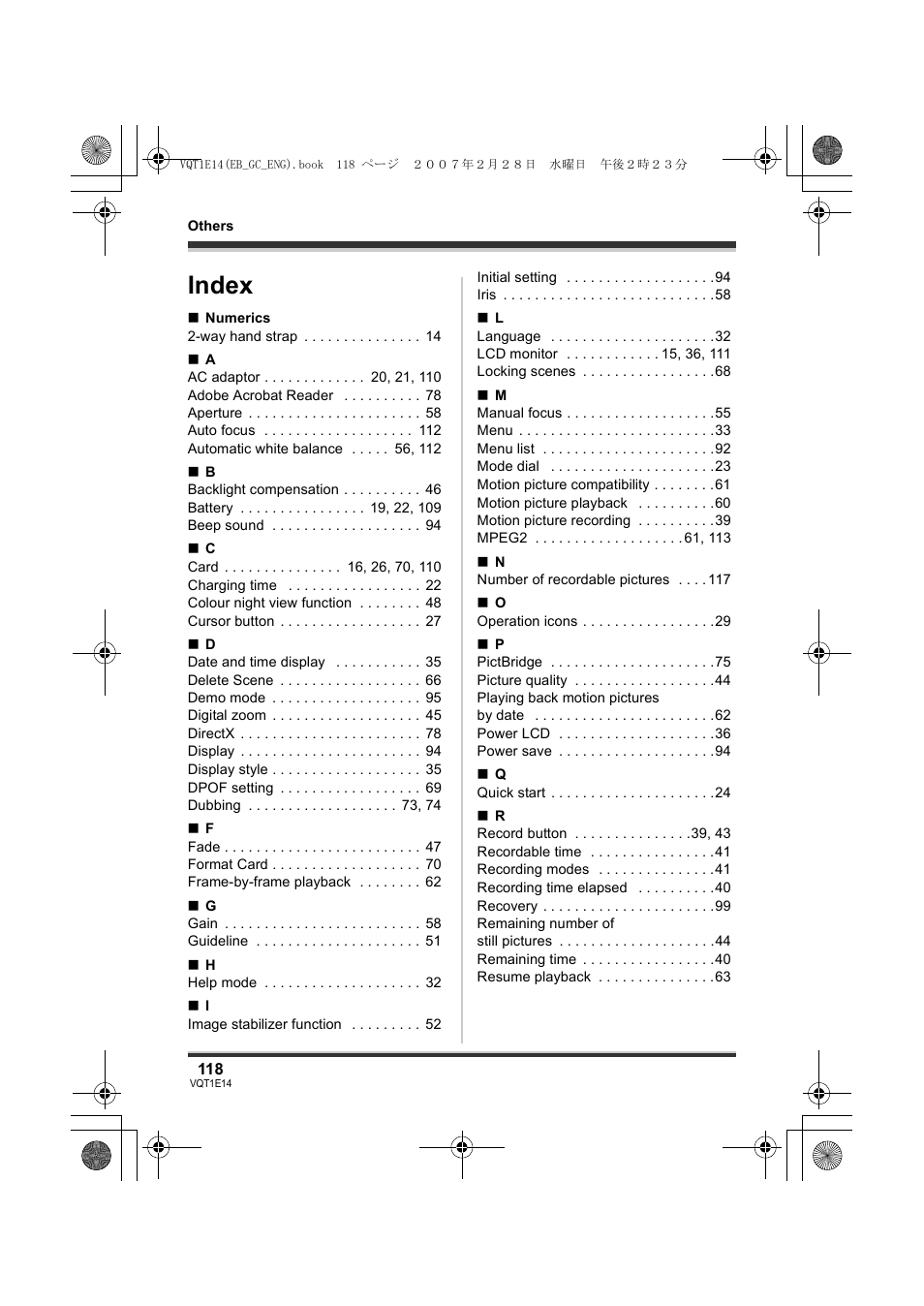 Index | Panasonic SDR-S10 User Manual | Page 118 / 120