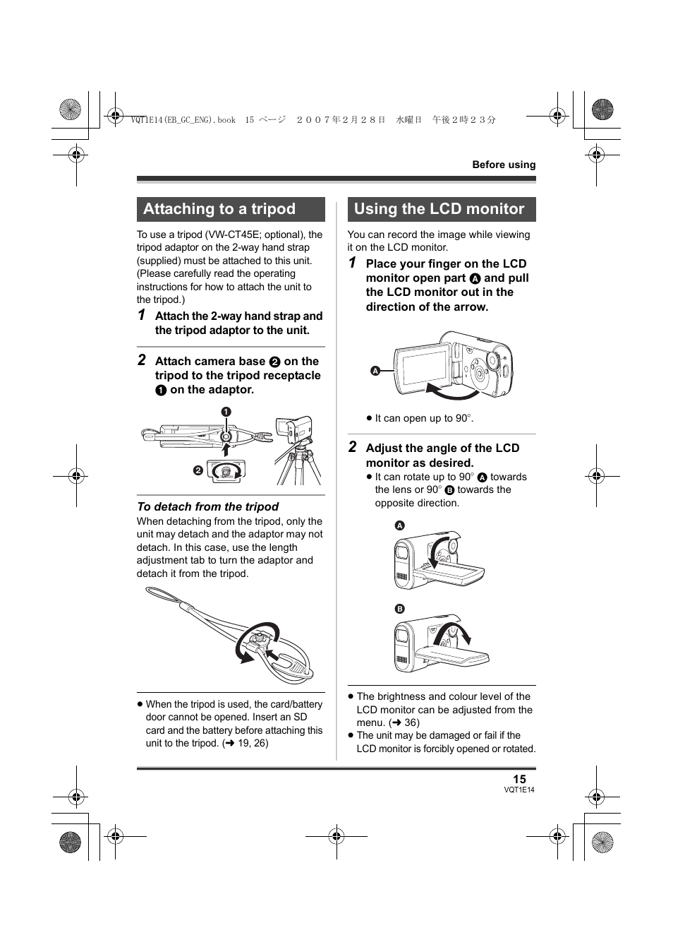 Attaching to a tripod, Using the lcd monitor | Panasonic SDR-S10 User Manual | Page 15 / 120