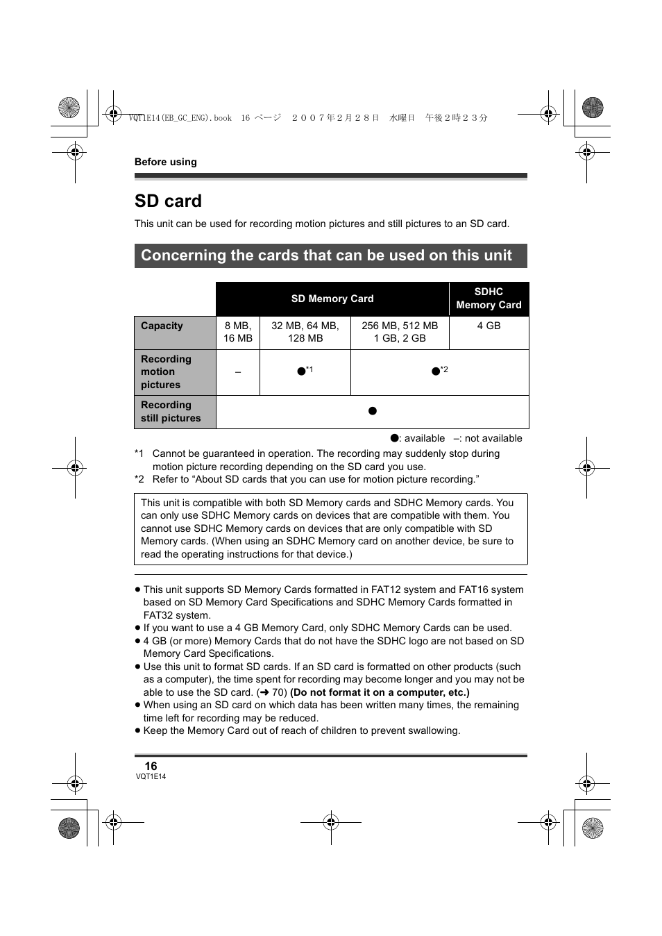 Sd card, Concerning the cards that can be used on this unit | Panasonic SDR-S10 User Manual | Page 16 / 120