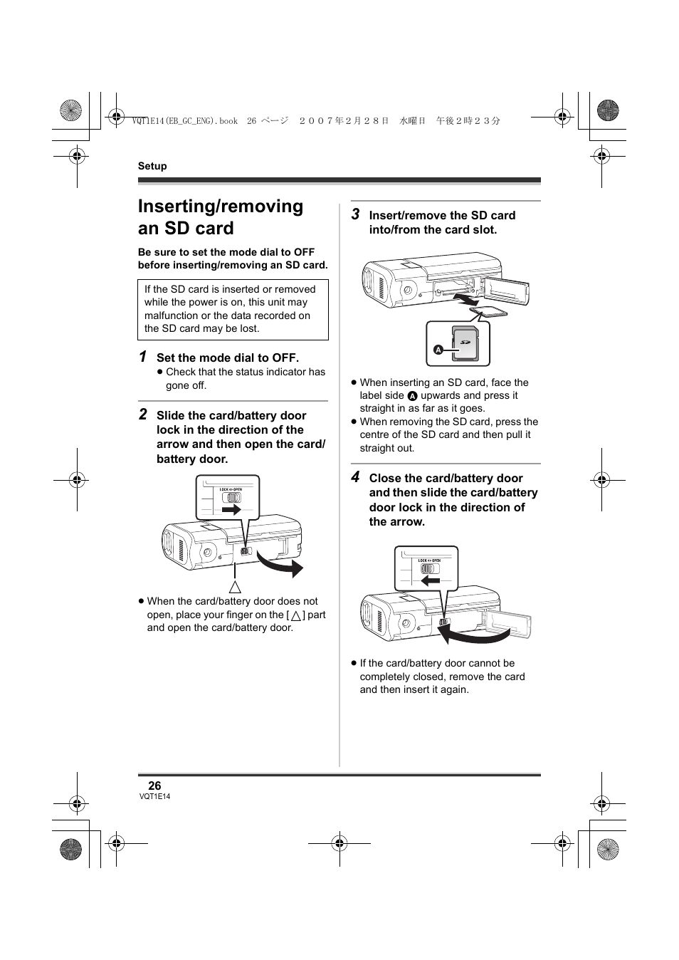 Inserting/removing an sd card | Panasonic SDR-S10 User Manual | Page 26 / 120