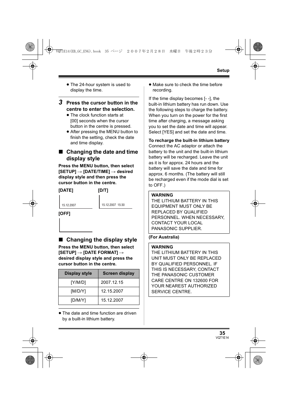 Changing the date and time display style, Changing the display style | Panasonic SDR-S10 User Manual | Page 35 / 120