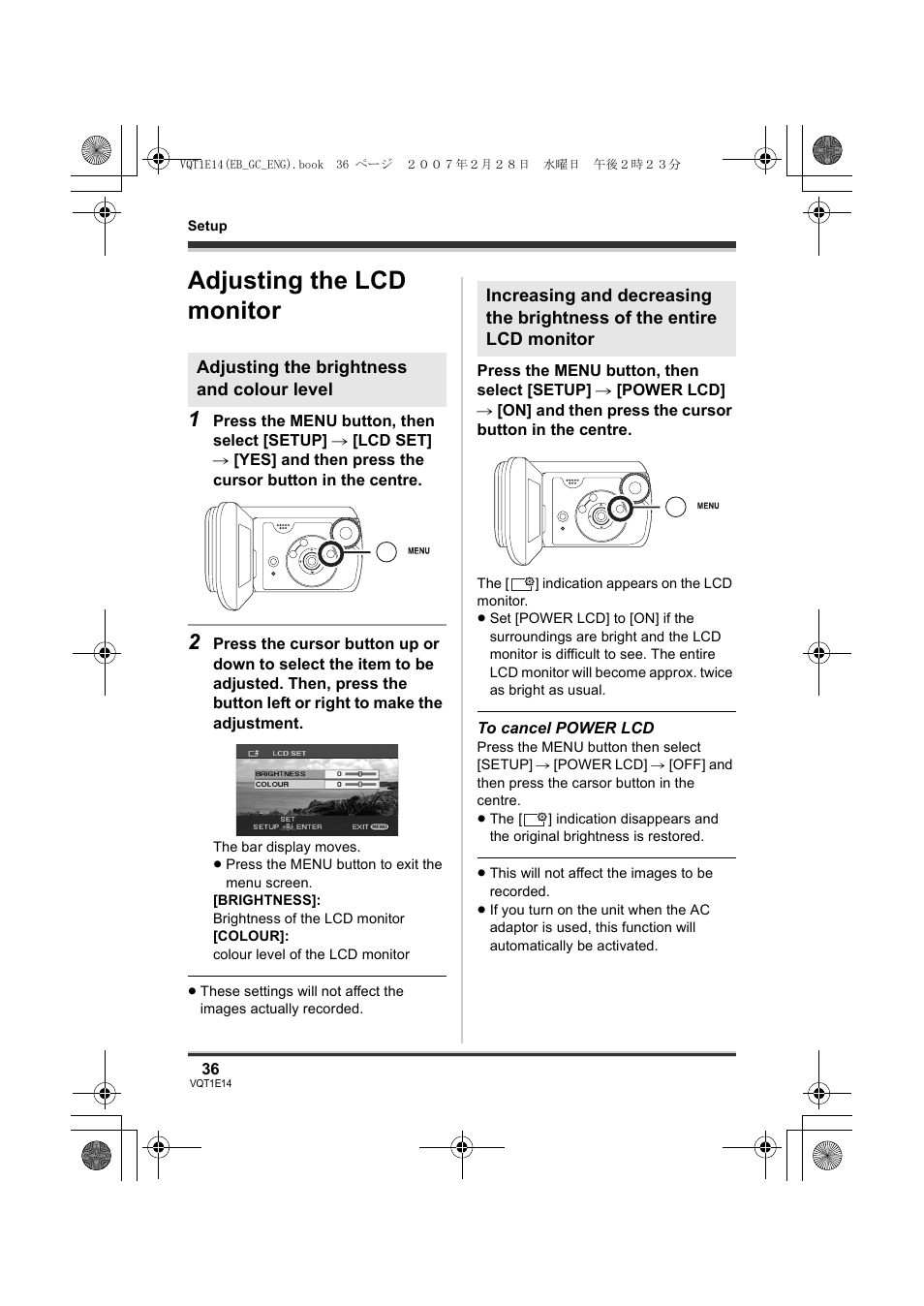 Adjusting the lcd monitor | Panasonic SDR-S10 User Manual | Page 36 / 120