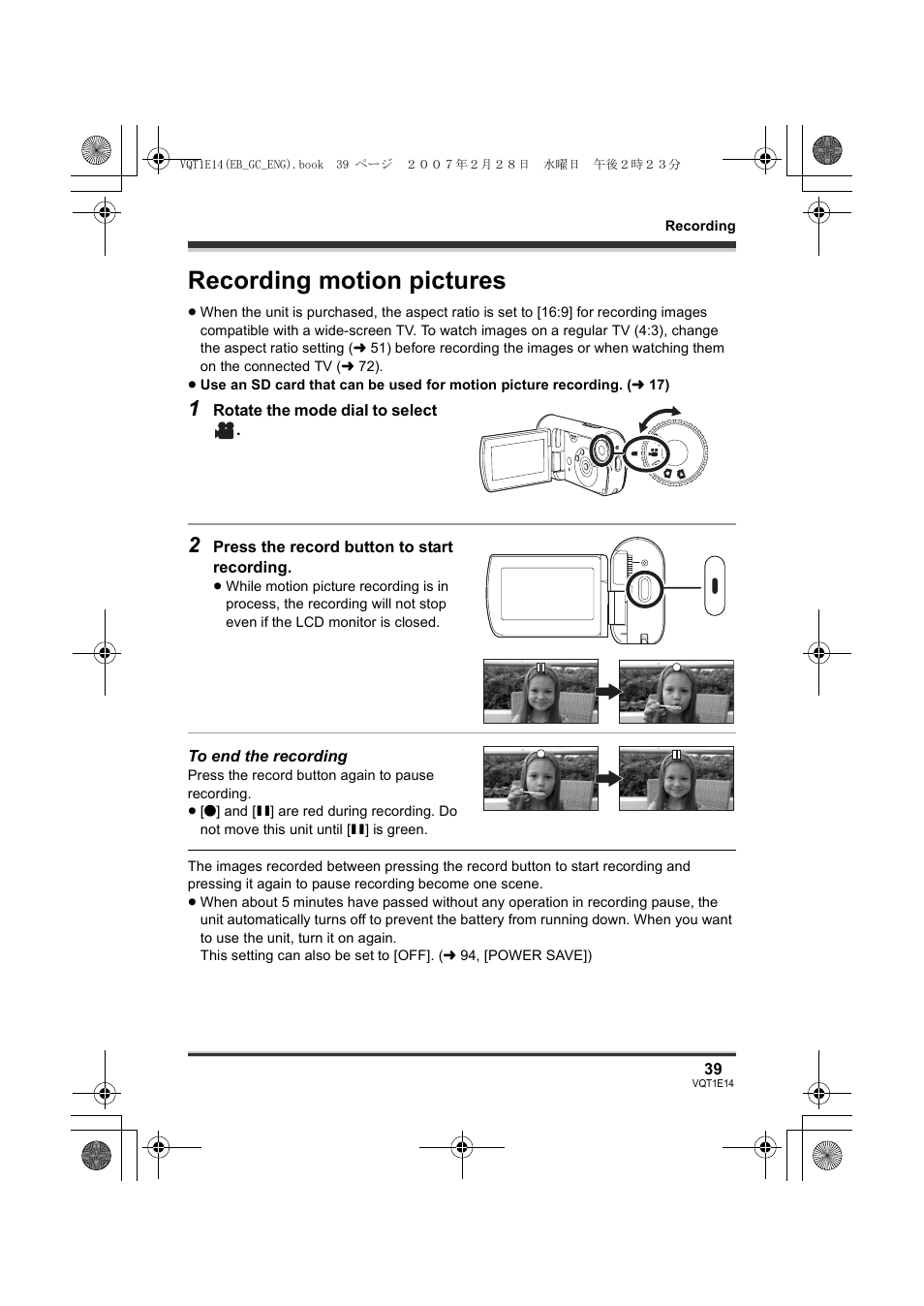 Recording motion pictures | Panasonic SDR-S10 User Manual | Page 39 / 120