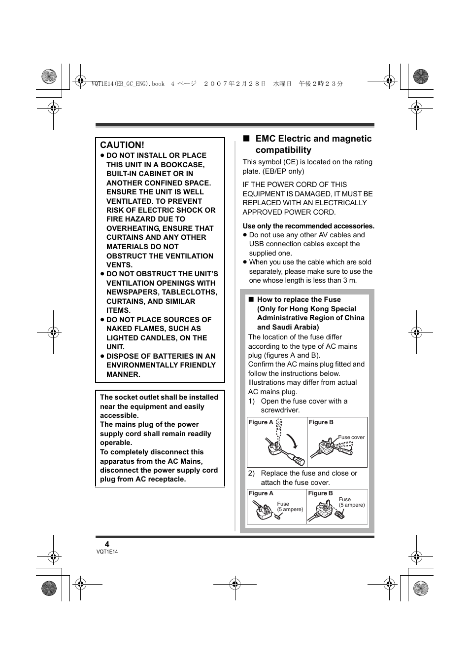 Emc electric and magnetic compatibility, Caution | Panasonic SDR-S10 User Manual | Page 4 / 120