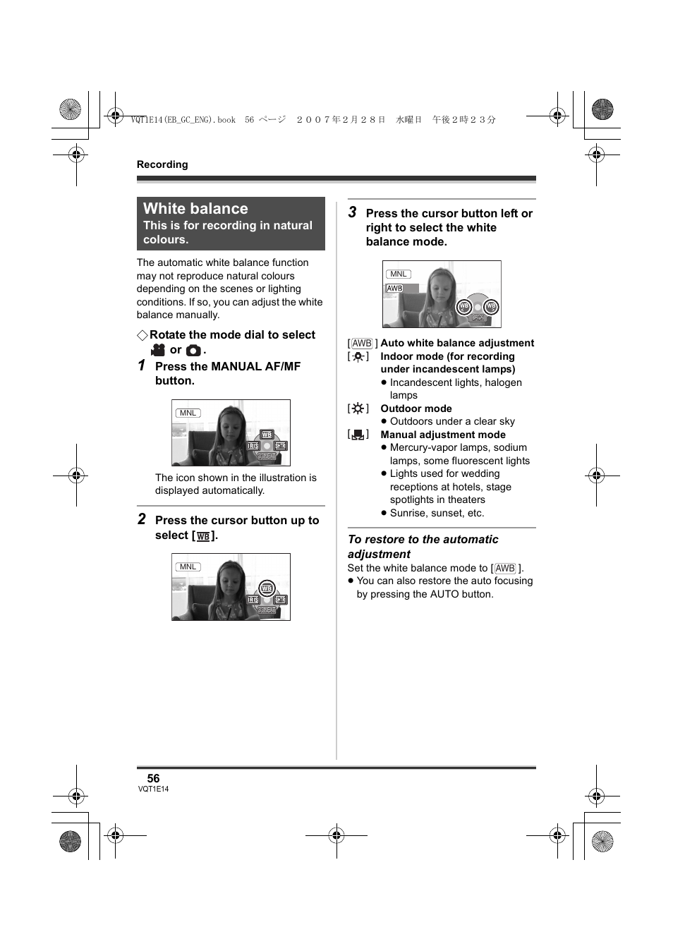 White balance | Panasonic SDR-S10 User Manual | Page 56 / 120