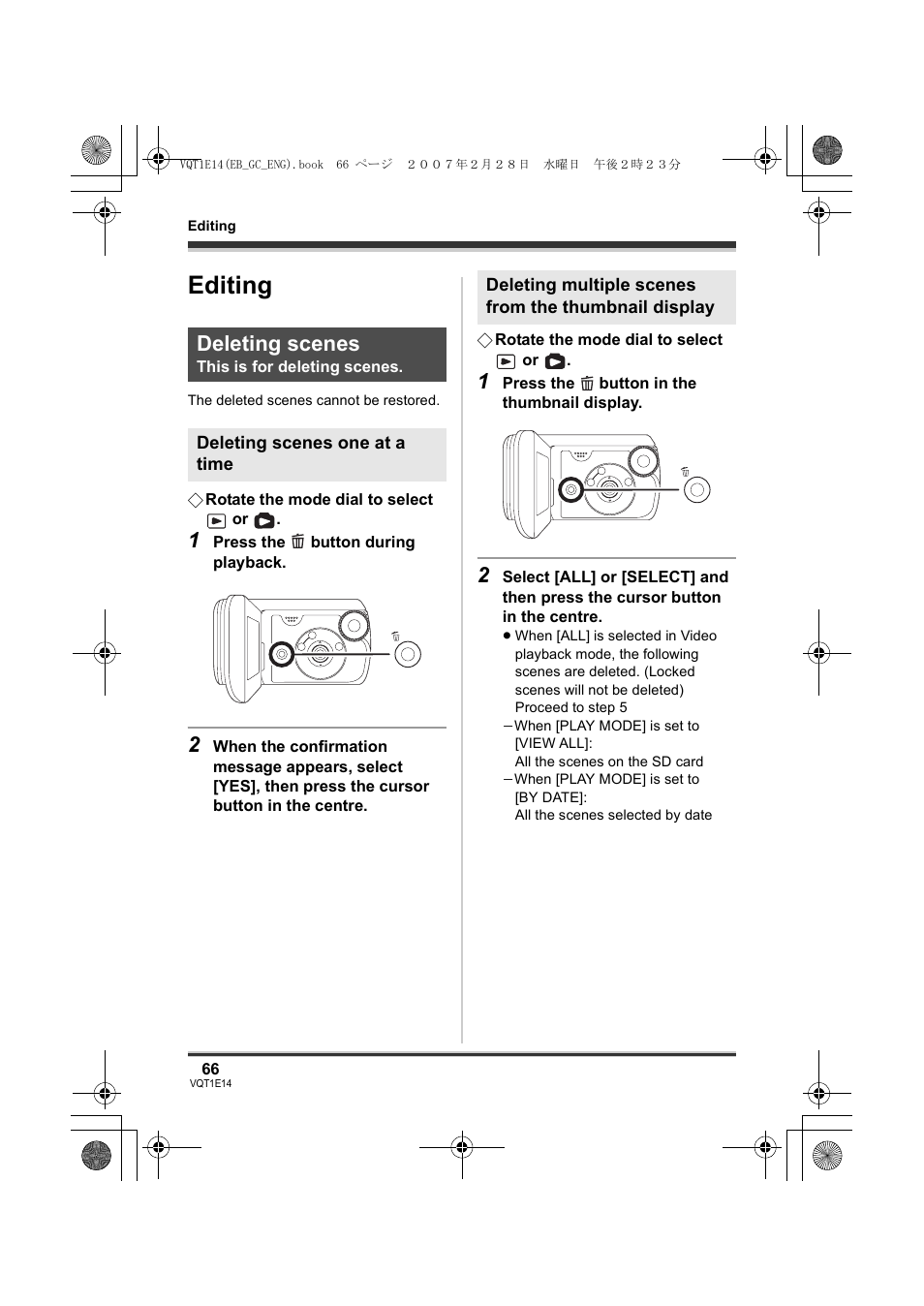 Editing, Deleting scenes | Panasonic SDR-S10 User Manual | Page 66 / 120
