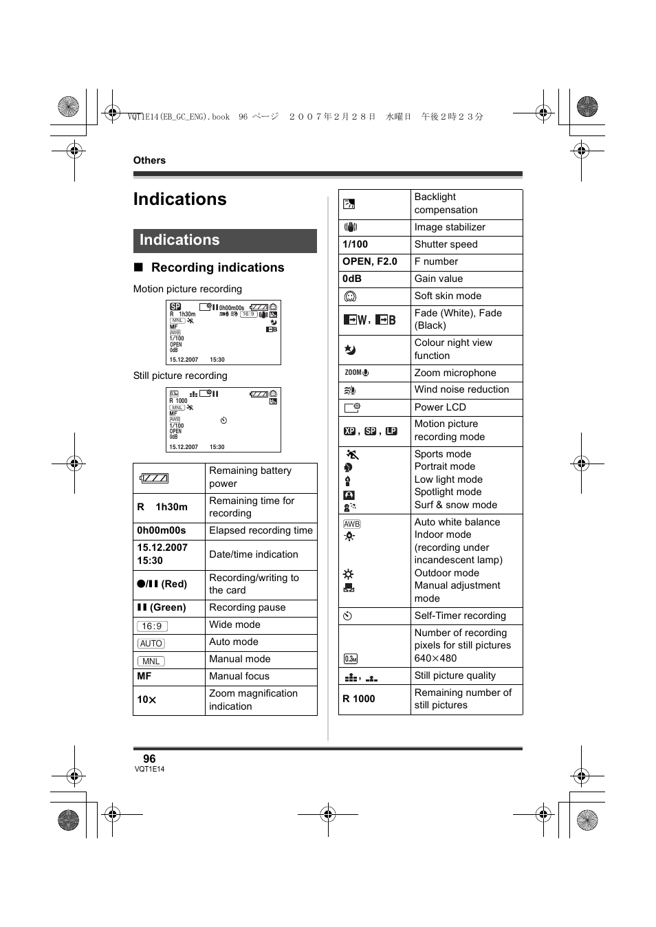 Indications, Recording indications | Panasonic SDR-S10 User Manual | Page 96 / 120