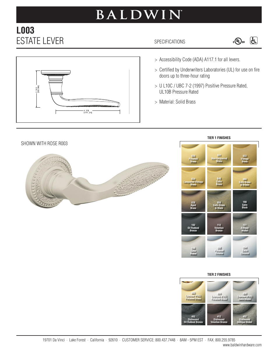 Baldwin L003 Estate Lever User Manual | 1 page