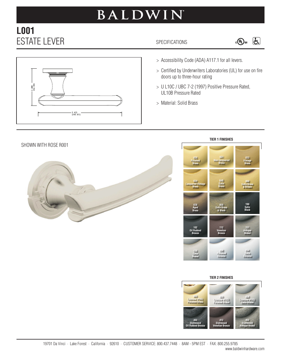 Baldwin L001 Estate Lever User Manual | 1 page