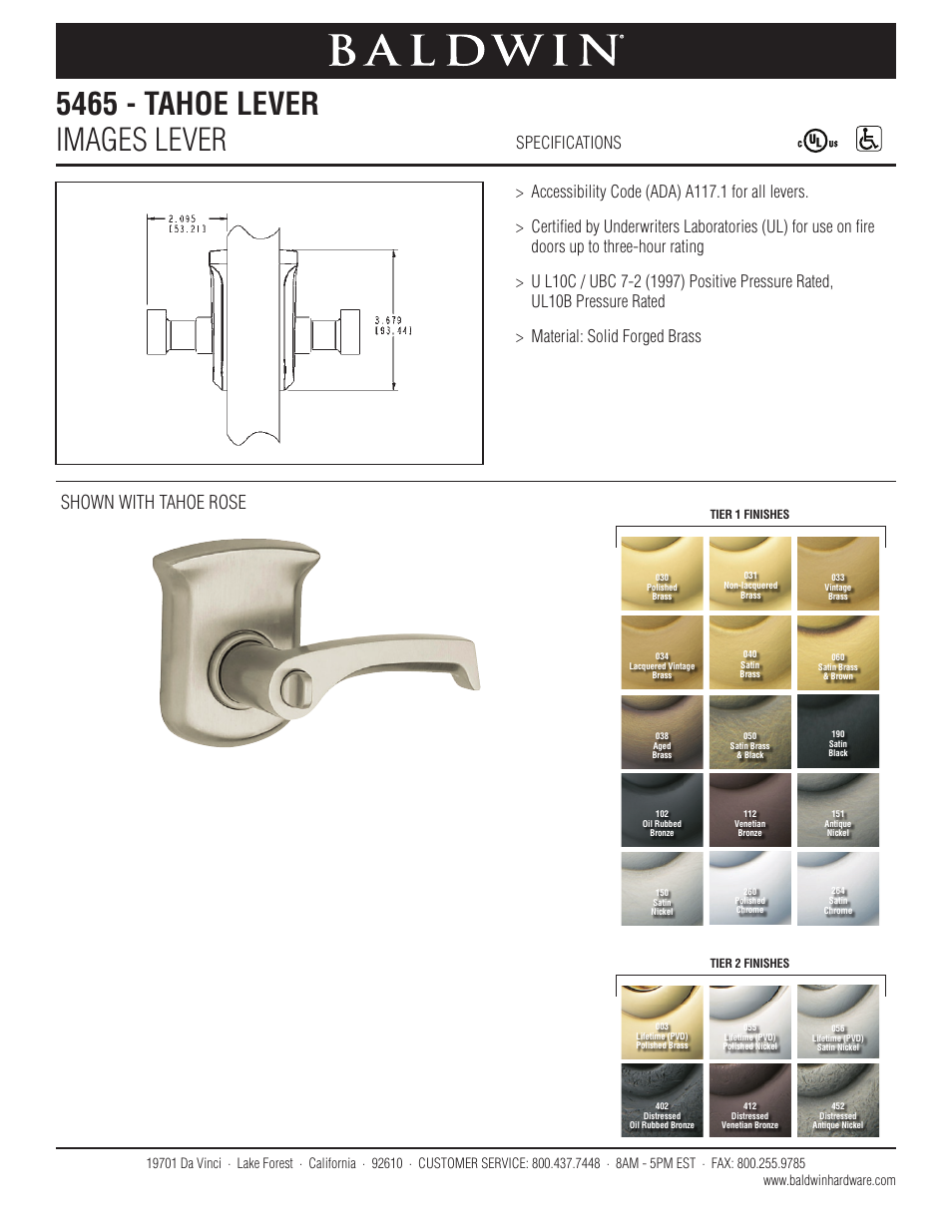 Baldwin 5465 Tahoe Lever User Manual | 1 page