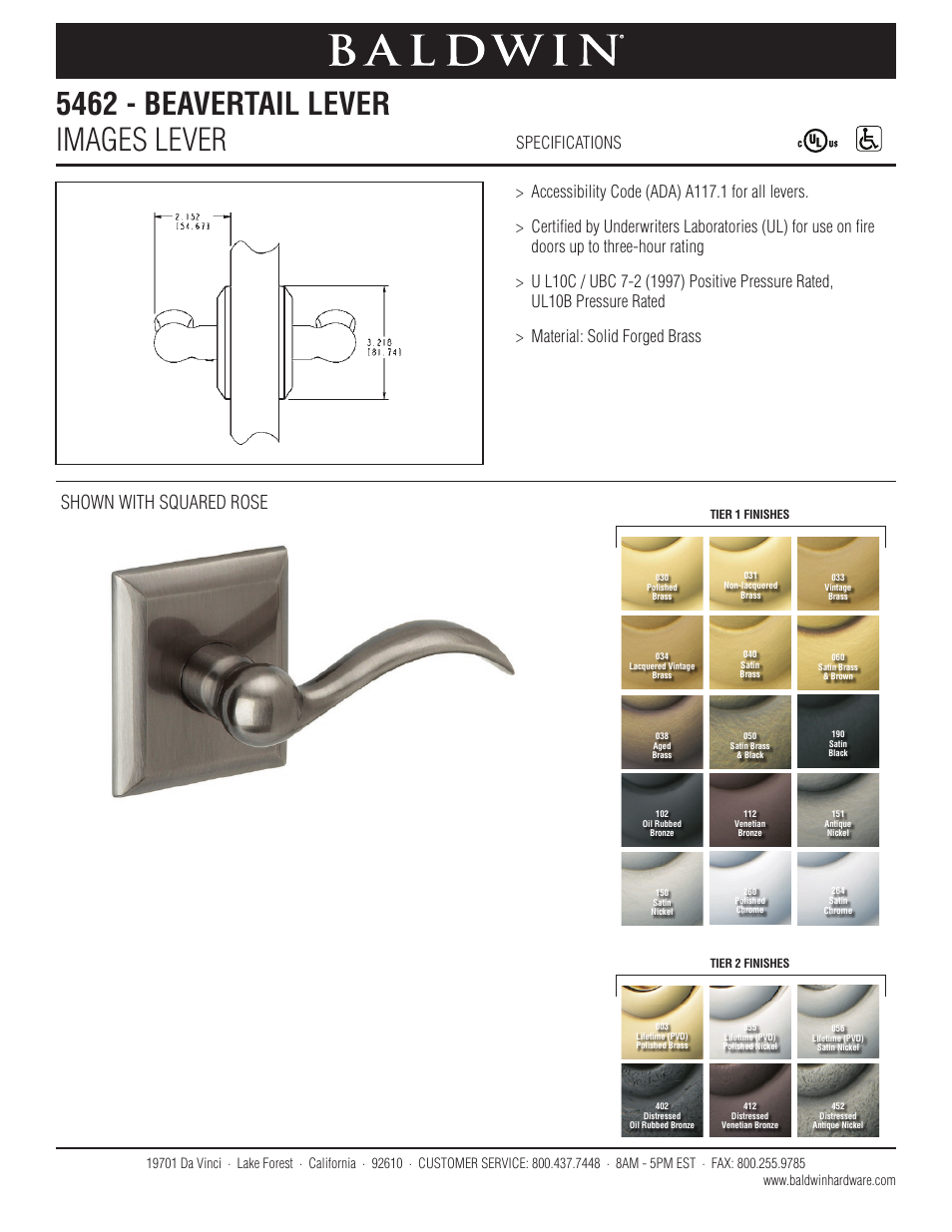Baldwin 5462 Beavertail Lever User Manual | 1 page