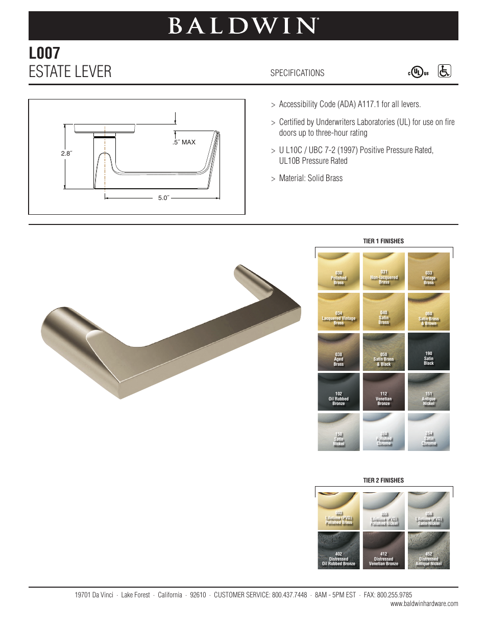 Baldwin L007 Estate Lever User Manual | 1 page