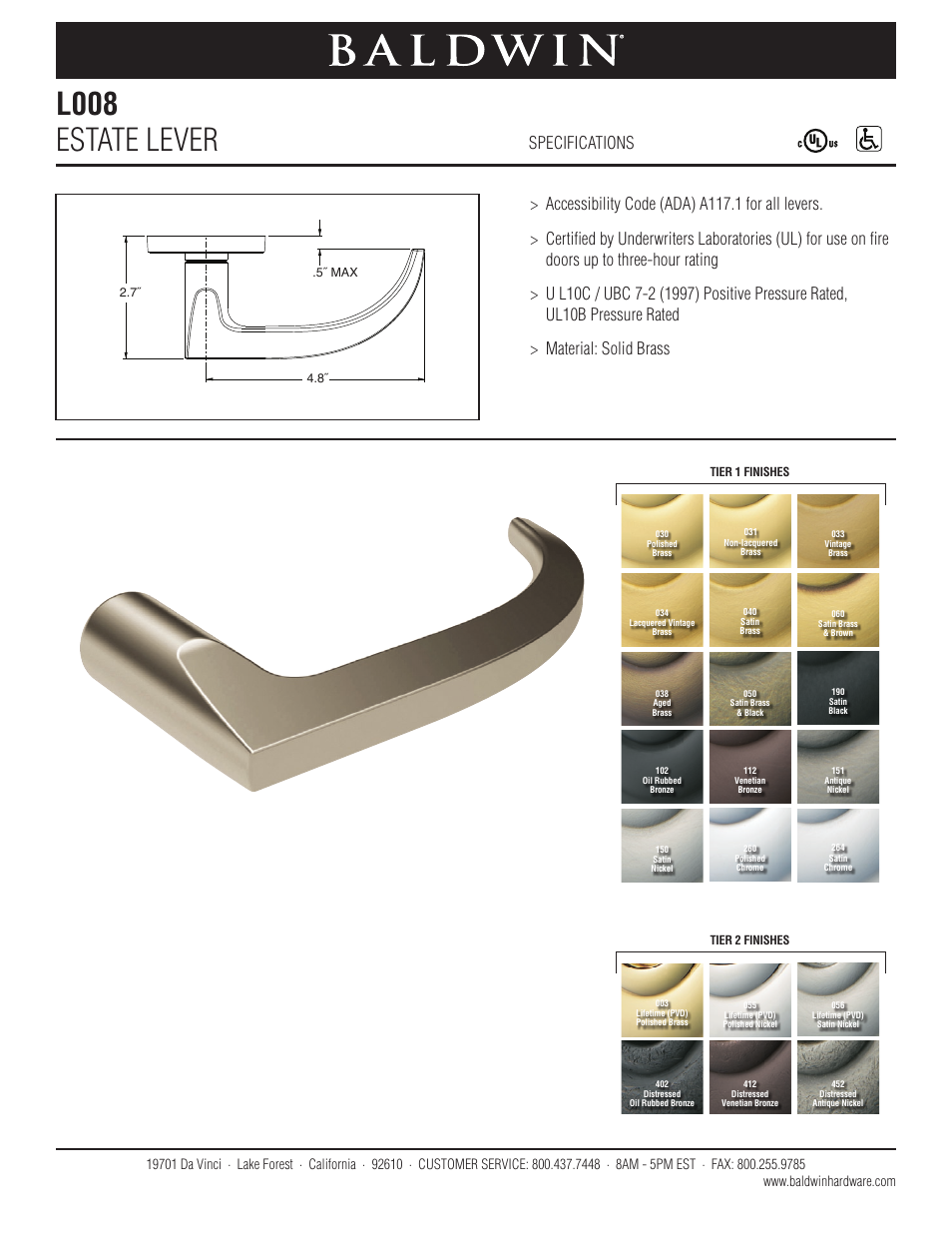 Baldwin L008 Estate Lever User Manual | 1 page