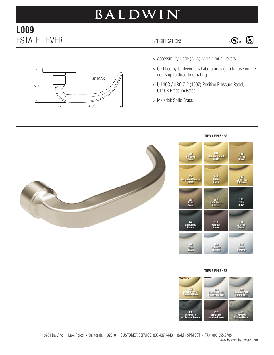 Baldwin L009 Estate Lever User Manual | 1 page