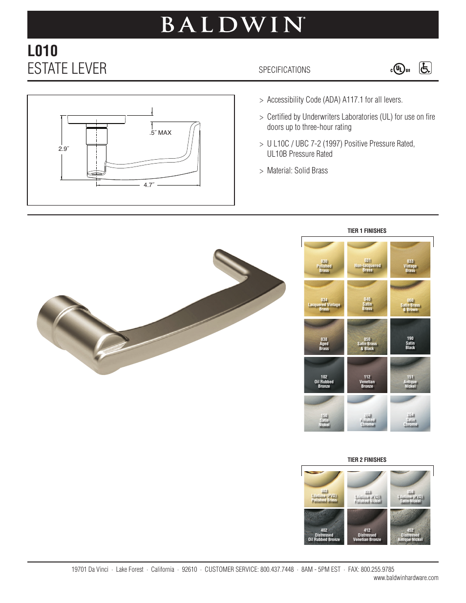 Baldwin L010 Estate Lever User Manual | 1 page