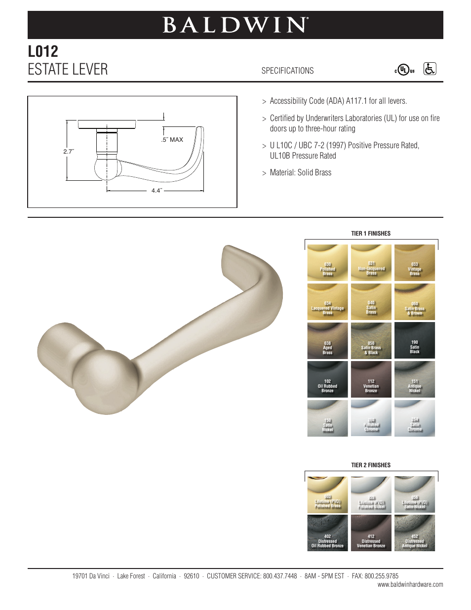 Baldwin L012 Estate Lever User Manual | 1 page