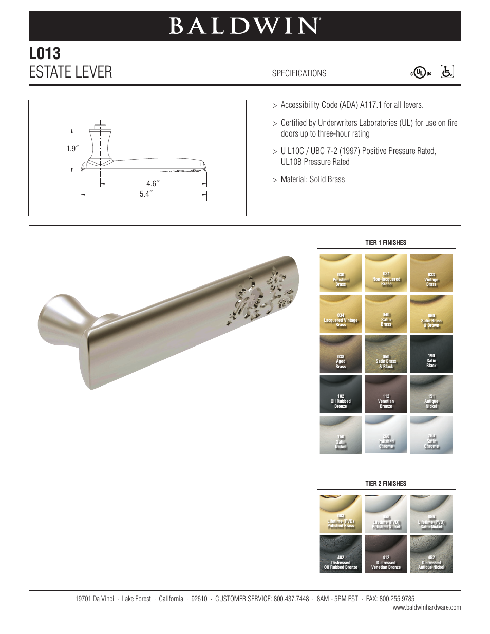 Baldwin L013 Estate Lever User Manual | 1 page