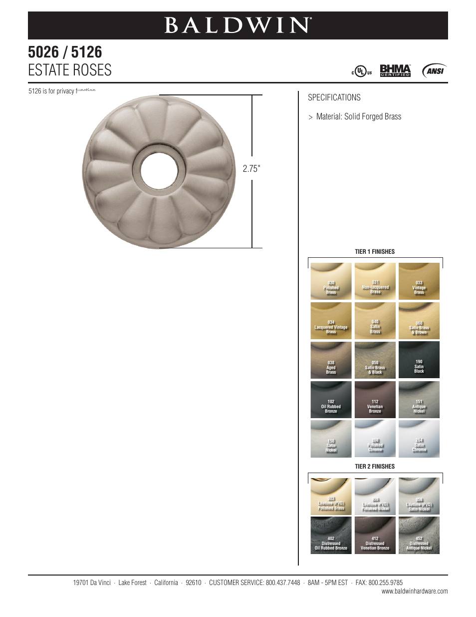 Baldwin 5126 Estate Rose User Manual | 1 page