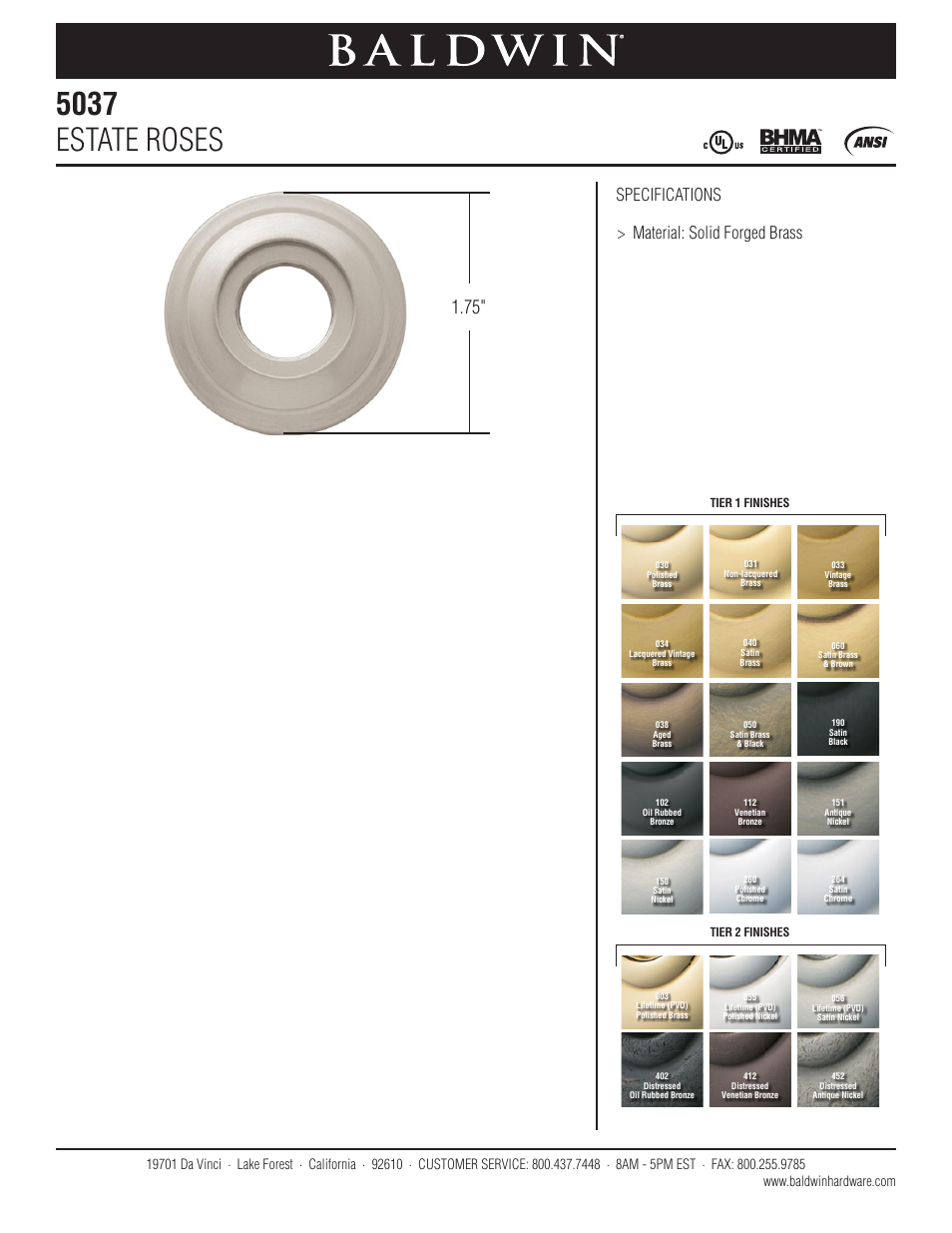 Baldwin 5037 Estate Rose User Manual | 1 page