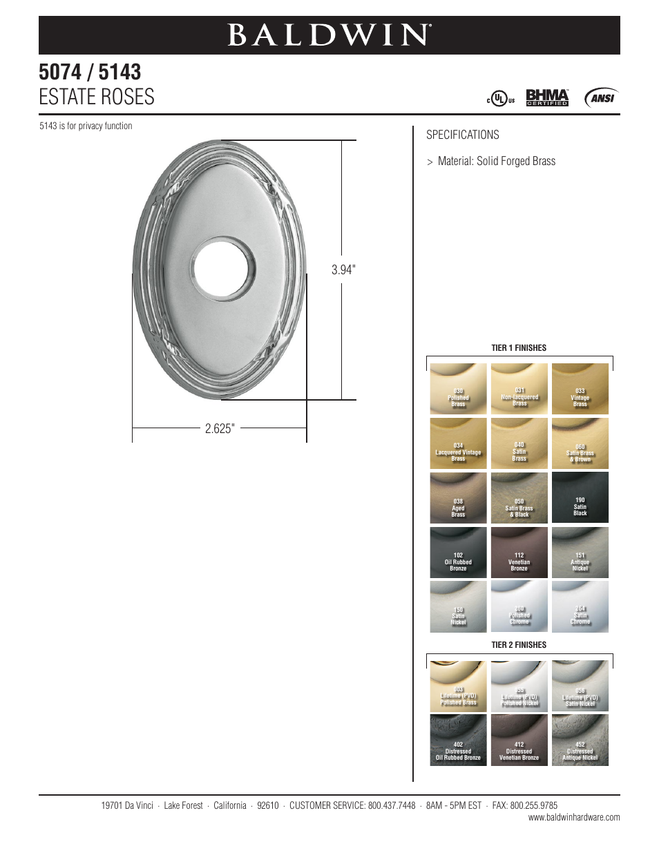 Baldwin 5143 Estate Rose User Manual | 1 page