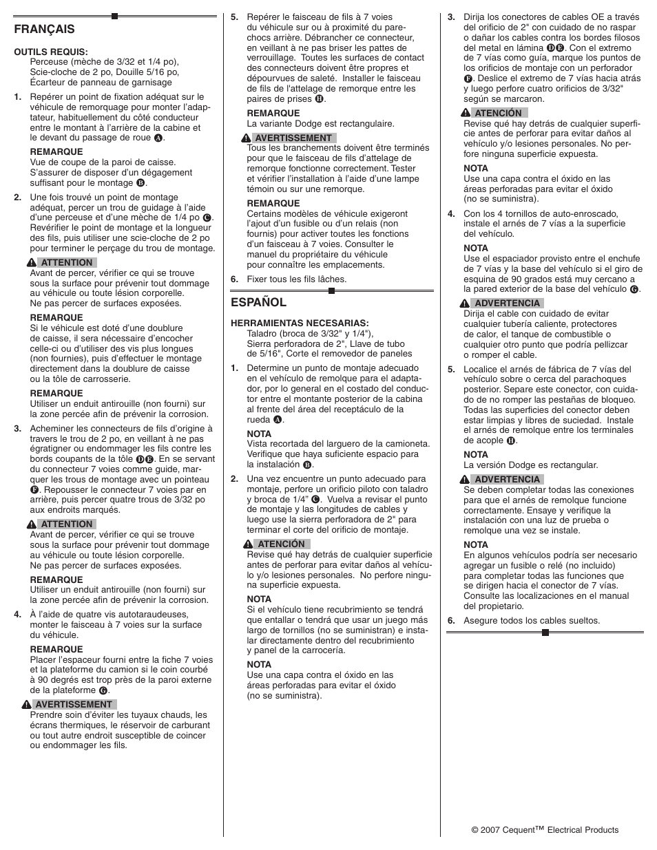 Español, Français | Draw-Tite 54700-003 FIFTH WHEEL HARNESS User Manual | Page 2 / 2