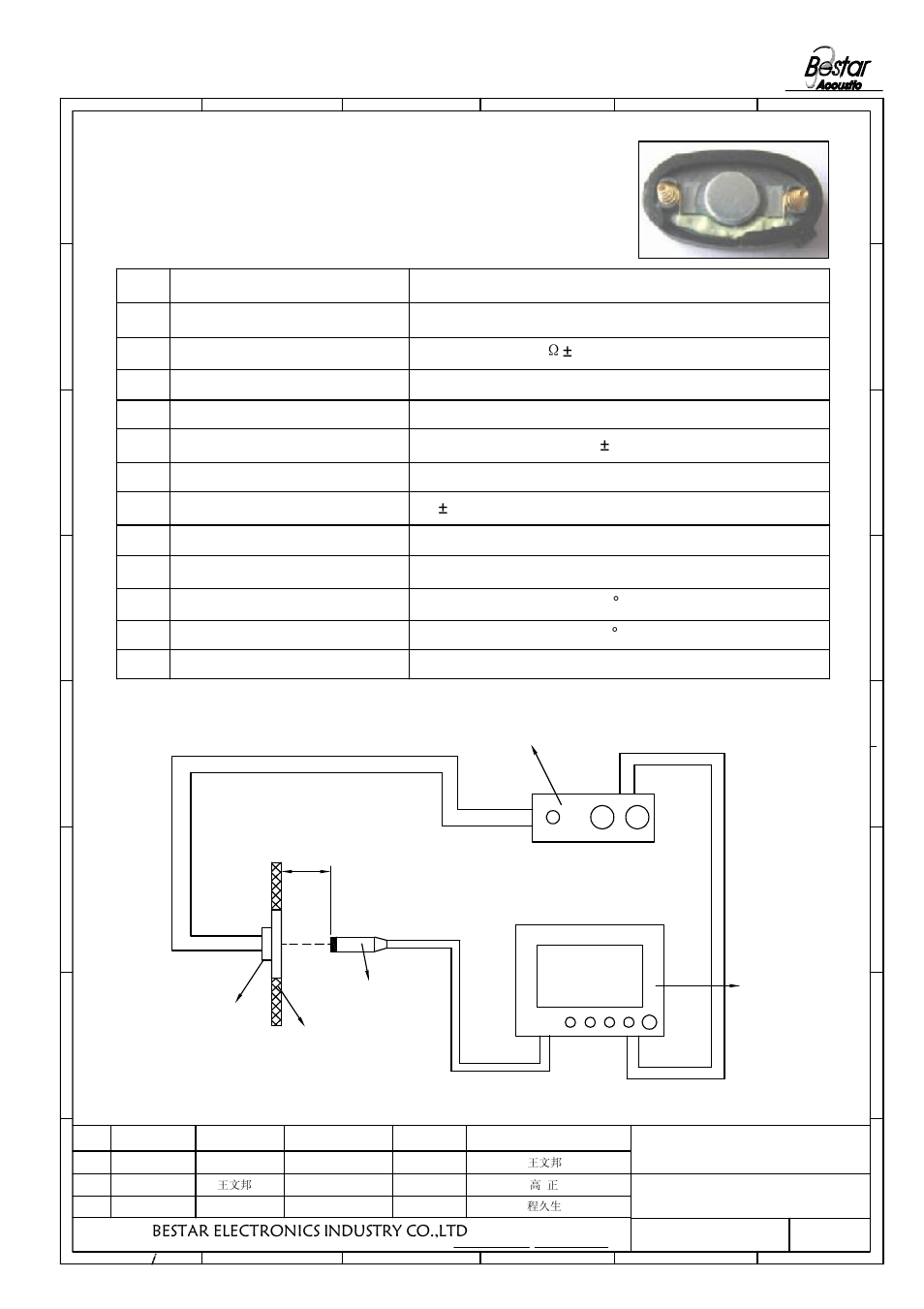 Characteristics, Digital audio analysis system, 10cm 1.1 electrical and mechanical characteristics | 2 test method, Bestar electronics industry co.,ltd | BeStar BMS1020-11C-08H3.8P LF User Manual | Page 2 / 6