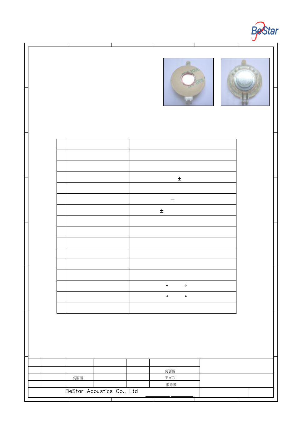 Characteristic, 1 electrical and mechanical characteristics, Thd <3% at 1khz,0.1w | Speaker | BeStar BMS34-11-50H4.1RP LF User Manual | Page 2 / 9