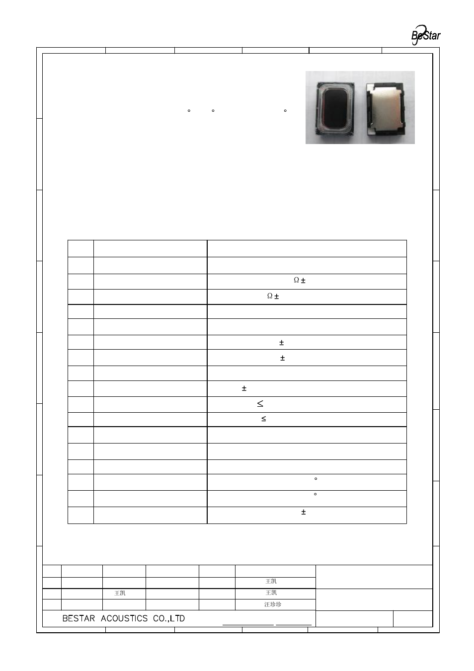 Description, Characteristics, Test climatic condition | Must be normal at sine wave 0.89vrms (in free air) | BeStar BMS1813F-11C-08H4.5 LF User Manual | Page 3 / 13