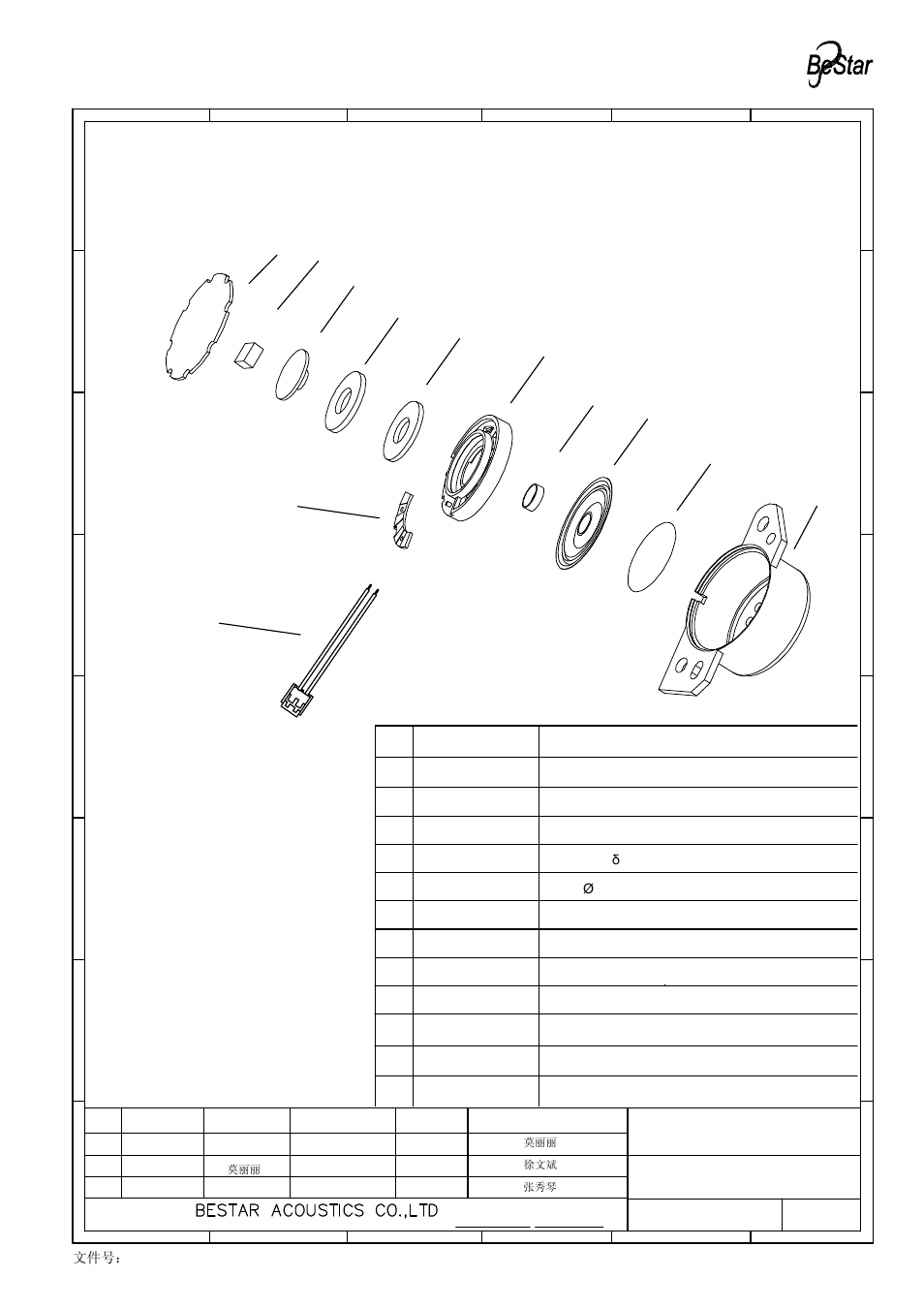 Bill of material, Speaker, No parts name material 文件号：bs/qdte045b | BeStar BDT3032H14.7W65J LF User Manual | Page 7 / 10