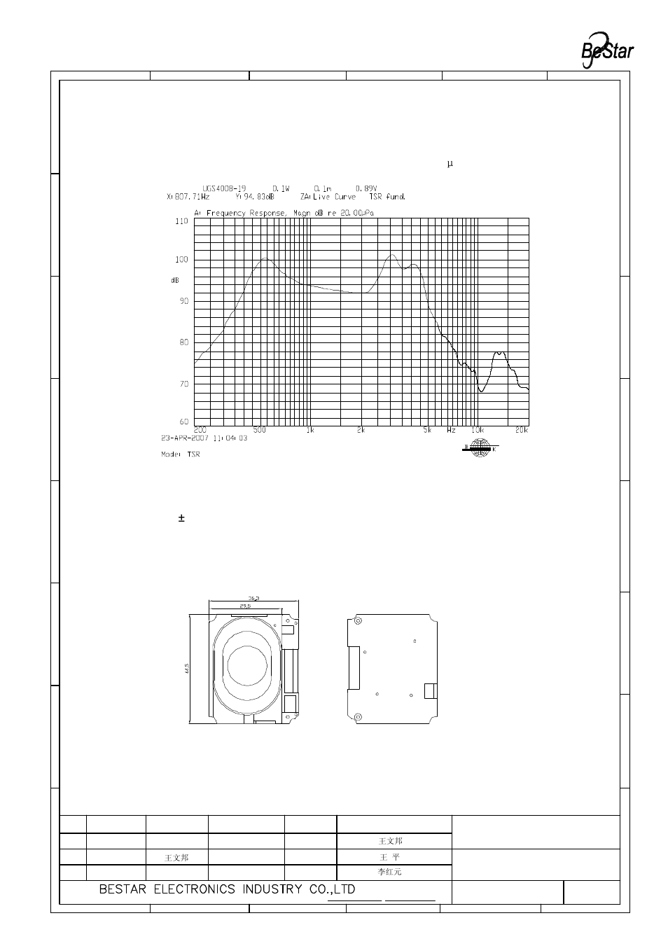 Drawing, Unit:mm tolerance: ±0.2, Speaker | Bls3040-box lf | BeStar BLS3040-BOX LF User Manual | Page 3 / 6