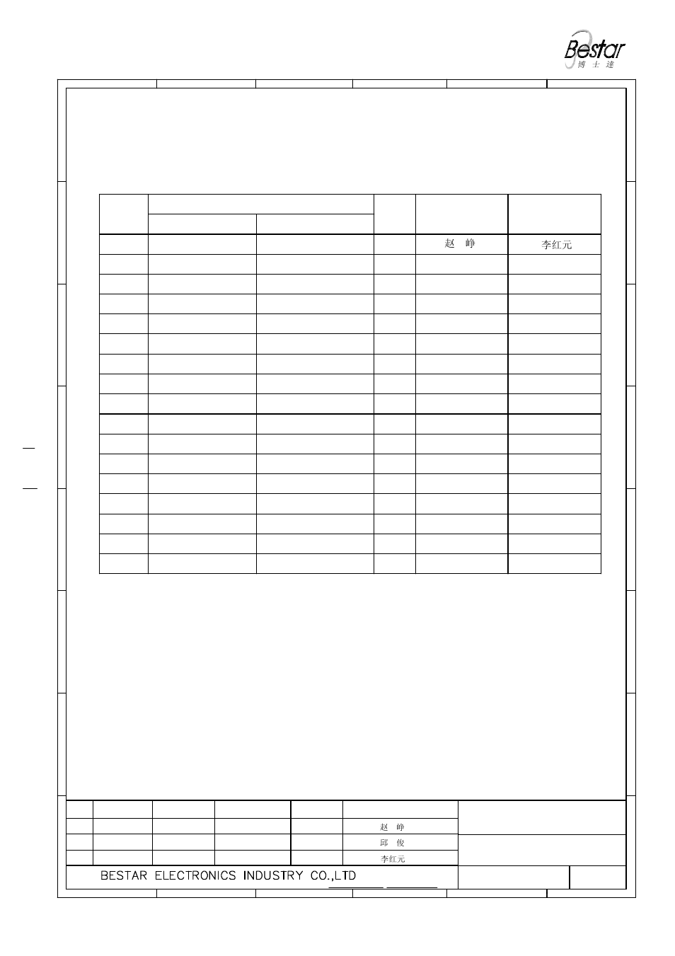 History change record, Piezo buzzer 6 5 4 3, Version no | Change items drawn date 6 5 4 3, Approved, 赵 峥 李红元 | BeStar BPT3109XH10W0140 LF User Manual | Page 6 / 6